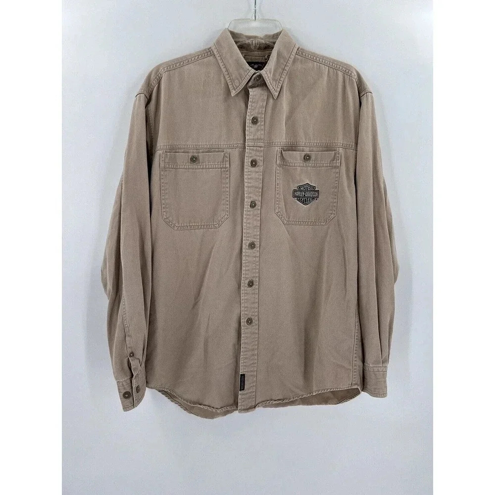 Harley Davidson Embroidery Brown Button Down Long Sleeve 2 Pocket Medium Shirt